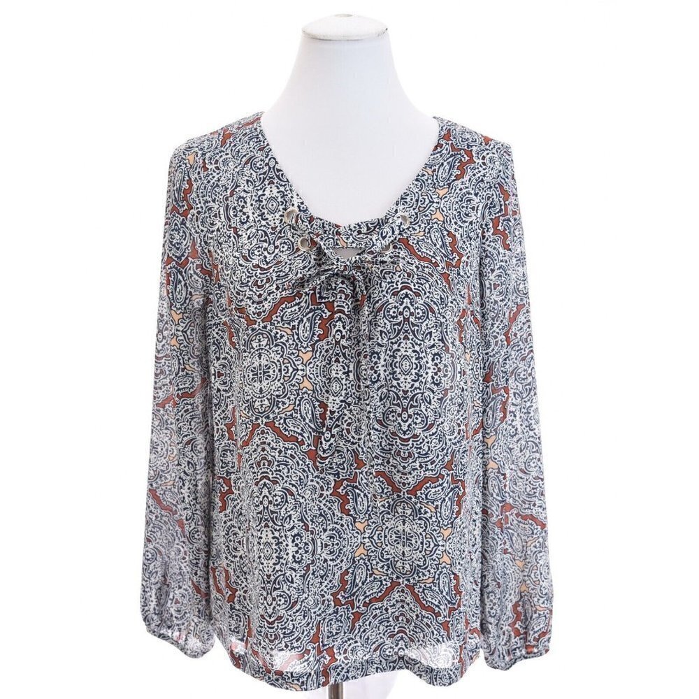 Laundry Shelli Segal Lace Up Tunic Top Blouse Paisley Print Blue Women Sz Small
